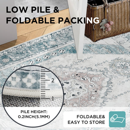 Joydeco Living Room Rug, Non Slip Machine Washable Vintage Runner Rug, Low Pile Lightweight Chenille Print Rugs for Entryway, Hallway, Bedroom, Kitchen and Corridor