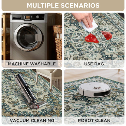 Joydeco Runner Rug Non Slip Machine Washable Vintage Rug, Low Pile Non Slip Chenille Print Rugs for Living Room, Entryway, Bedroom, Kitchen and Corridor, Bathroom