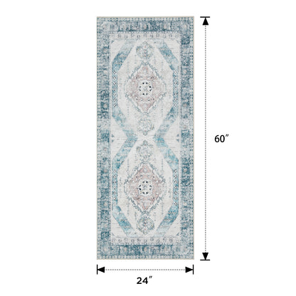 Joydeco Living Room Rug, Non Slip Machine Washable Vintage Runner Rug, Low Pile Lightweight Chenille Print Rugs for Entryway, Hallway, Bedroom, Kitchen and Corridor