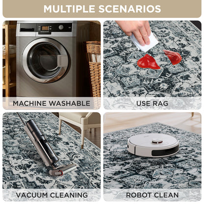 Joydeco Runner Rug Non Slip Machine Washable Vintage Rug, Low Pile Non Slip Chenille Print Rugs for Living Room, Entryway, Bedroom, Kitchen and Corridor, Bathroom