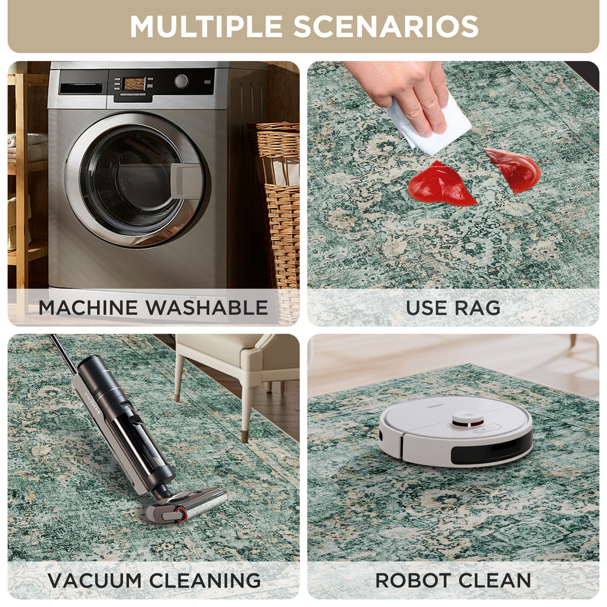 Joydeco vintage floral runner rug demonstrated as machine washable, spot cleanable, vacuumable, and robot vacuum friendly.