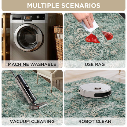 Joydeco vintage floral runner rug demonstrated as machine washable, spot cleanable, vacuumable, and robot vacuum friendly.