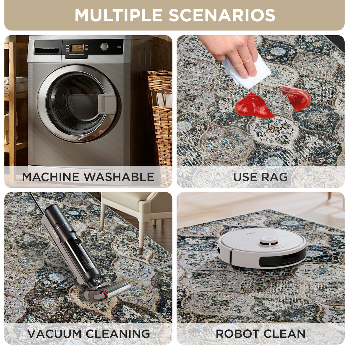 Collage demonstrating Joydeco distressed floral runner rug cleaning: machine wash, spot clean, vacuum, robot vacuum.