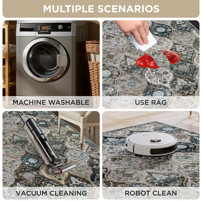 Collage demonstrating Joydeco distressed floral runner rug cleaning: machine wash, spot clean, vacuum, robot vacuum.