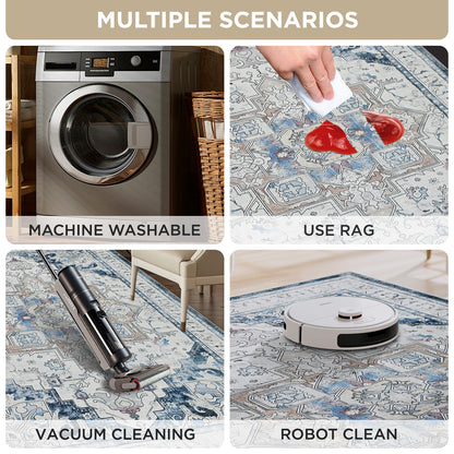 Joydeco Runner Rug Non Slip Machine Washable Vintage Rug, Low Pile Non Slip Chenille Print Rugs for Living Room, Entryway, Bedroom, Kitchen and Corridor, Bathroom