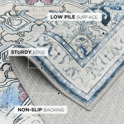 Joydeco Runner Rug Non Slip Machine Washable Vintage Rug, Low Pile Non Slip Chenille Print Rugs for Living Room, Entryway, Bedroom, Kitchen and Corridor, Bathroom