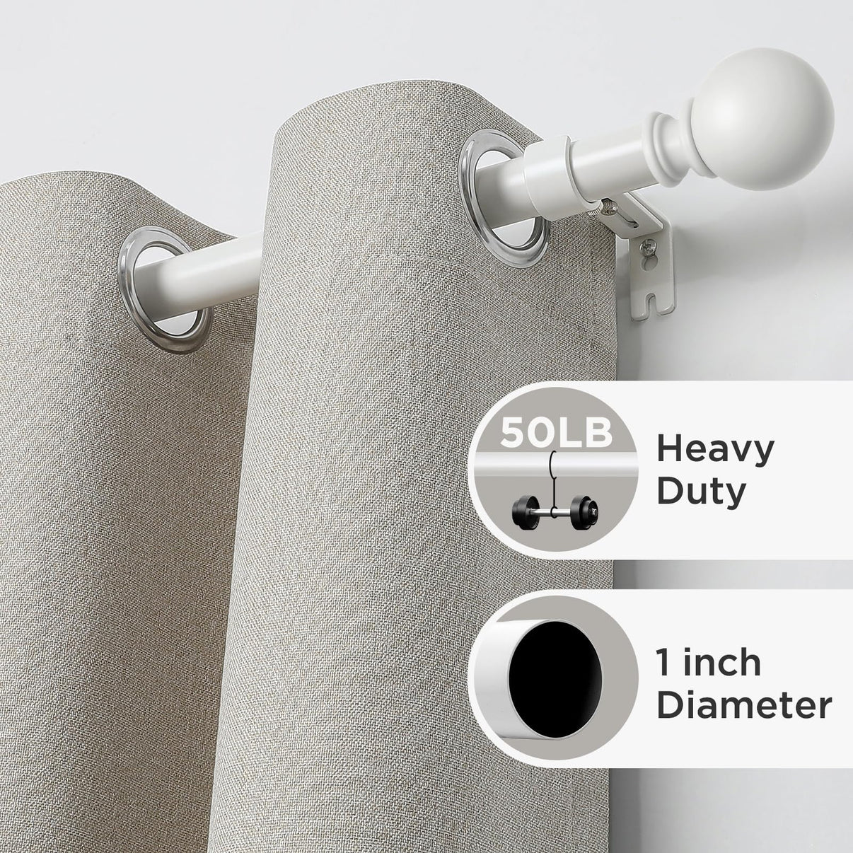 Joydeco matte black adjustable heavy-duty curtain rod, 1" diameter, 50lb capacity, with spherical finial.