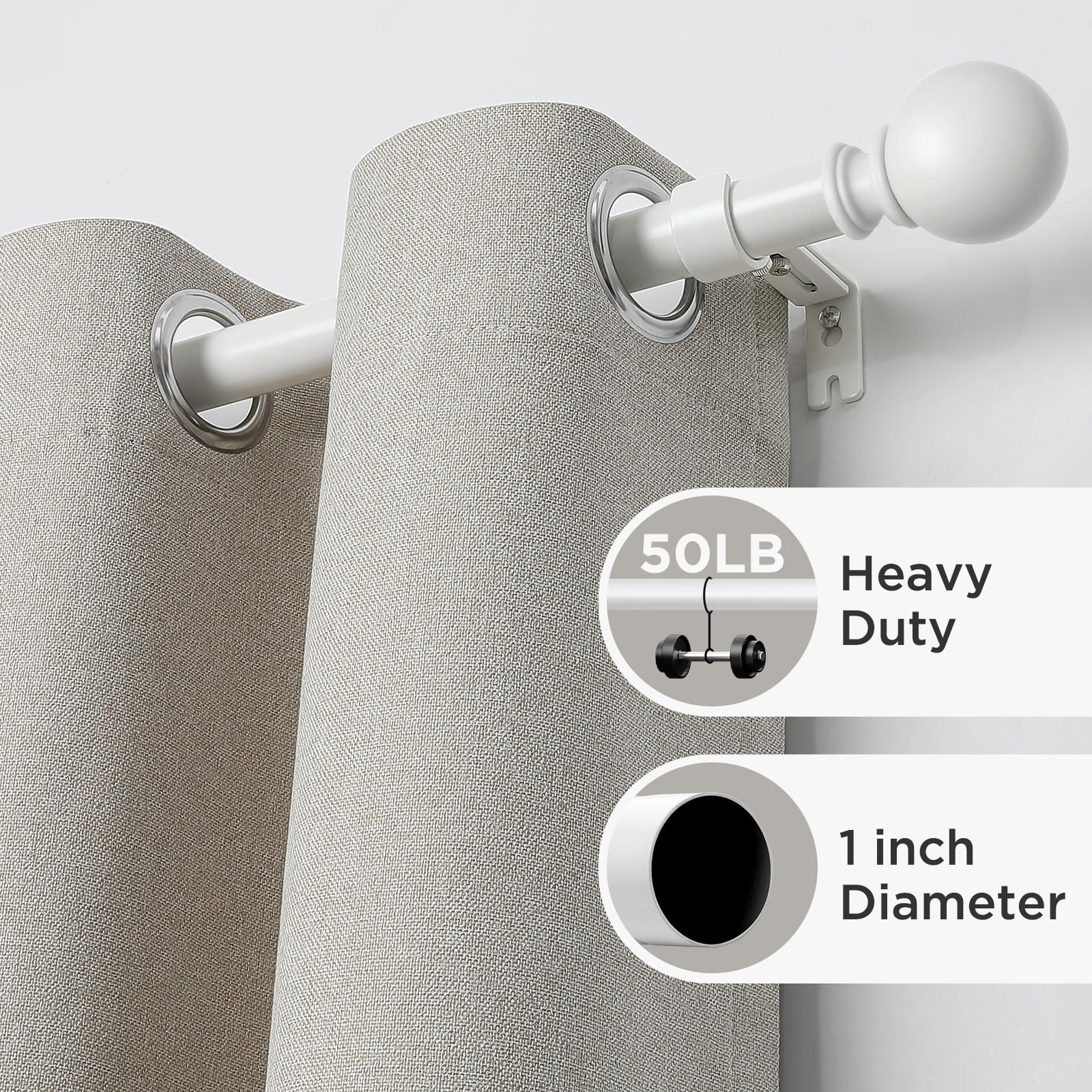 Joydeco matte black adjustable heavy-duty curtain rod, 1" diameter, 50lb capacity, with spherical finial.