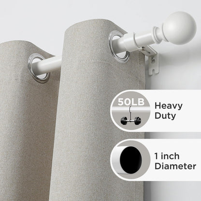 Joydeco matte black adjustable heavy-duty curtain rod, 1" diameter, 50lb capacity, with spherical finial.