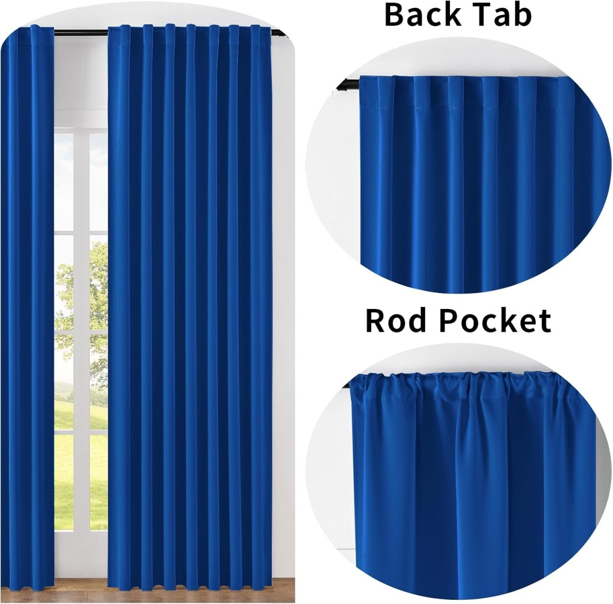 Joydeco royal blue 96 inch blackout curtains featuring back tab and rod pocket hanging options, shown in a bedroom window.
