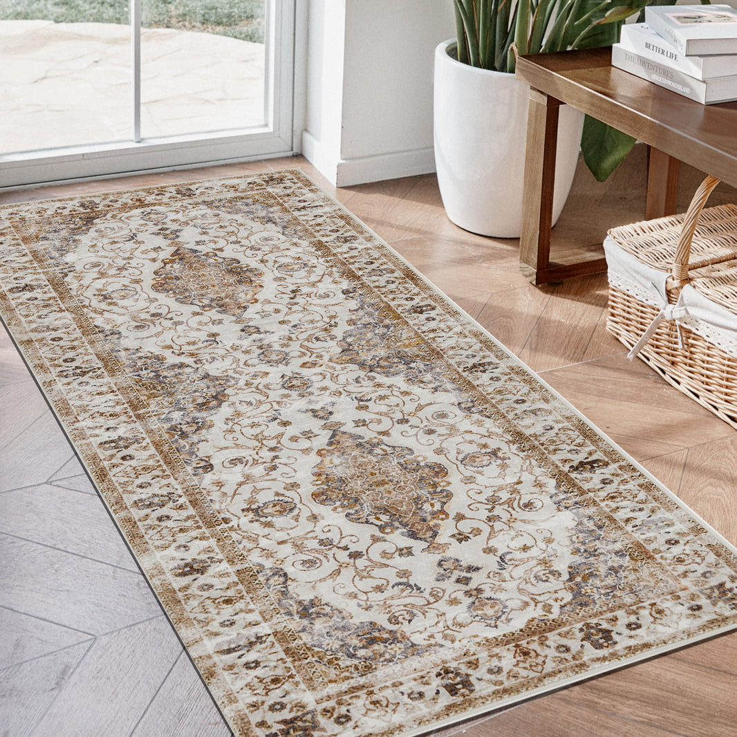 Alfombra de pasillo Joydeco antideslizante, lavable a máquina, estilo vintage, de pelo corto, ligera, con estampado de chenilla, para entrada, pasillo, dormitorio, cocina y pasillo. 