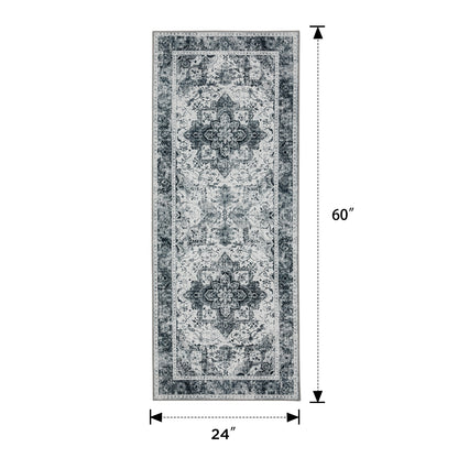 Joydeco Runner Rug Non Slip Machine Washable Vintage Rug, Low Pile Non Slip Chenille Print Rugs for Living Room, Entryway, Bedroom, Kitchen and Corridor, Bathroom