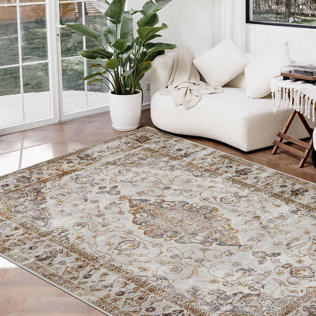 Joydeco Runner Rug Non Slip Machine Washable Vintage Rug, Low Pile Non Slip Chenille Print Rugs for Living Room, Entryway, Bedroom, Kitchen and Corridor, Bathroom