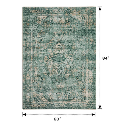Joydeco 60x84 inch teal distressed floral runner rug, low pile, non-slip, machine washable for entryway or living room.