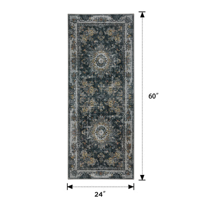 Joydeco Runner Rug Non Slip Machine Washable Vintage Rug, Low Pile Non Slip Chenille Print Rugs for Living Room, Entryway, Bedroom, Kitchen and Corridor, Bathroom
