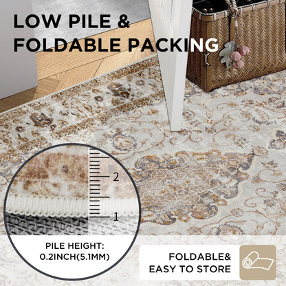 Joydeco Runner Rug Non Slip Machine Washable Vintage Rug, Low Pile Non Slip Chenille Print Rugs for Living Room, Entryway, Bedroom, Kitchen and Corridor, Bathroom