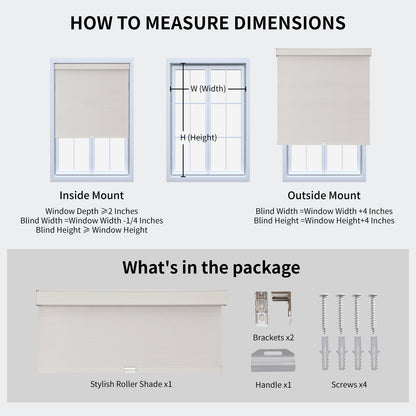 Guide: Measure for inside/outside mount Joydeco cordless blackout roller shades. Package contents.