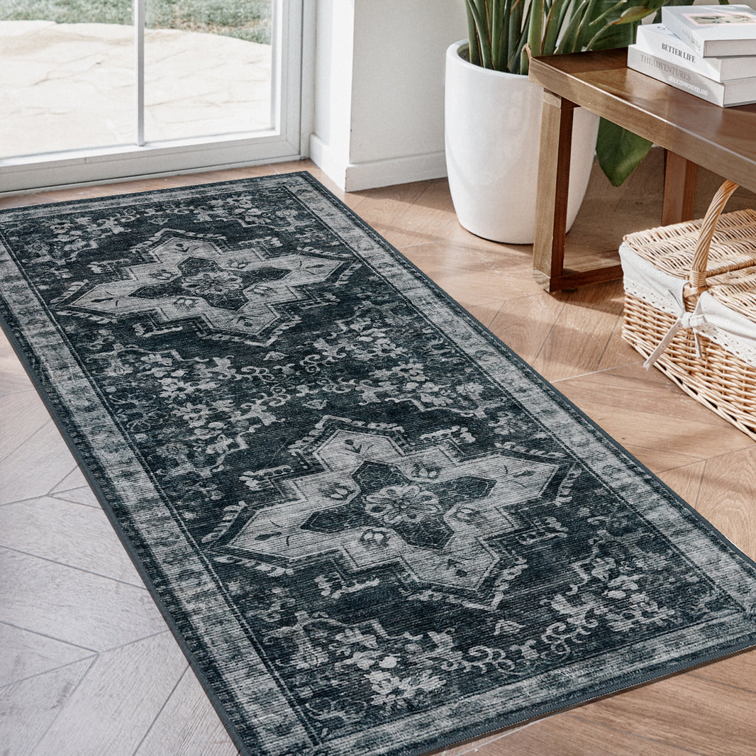 Alfombra de pasillo Joydeco antideslizante, lavable a máquina, estilo vintage, de pelo corto, ligera, con estampado de chenilla, para entrada, pasillo, dormitorio, cocina y pasillo. 