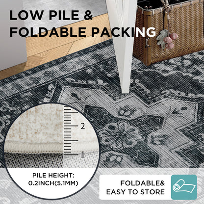 Joydeco Living Room Rug, Non Slip Machine Washable Vintage Runner Rug, Low Pile Lightweight Chenille Print Rugs for Entryway, Hallway, Bedroom, Kitchen and Corridor
