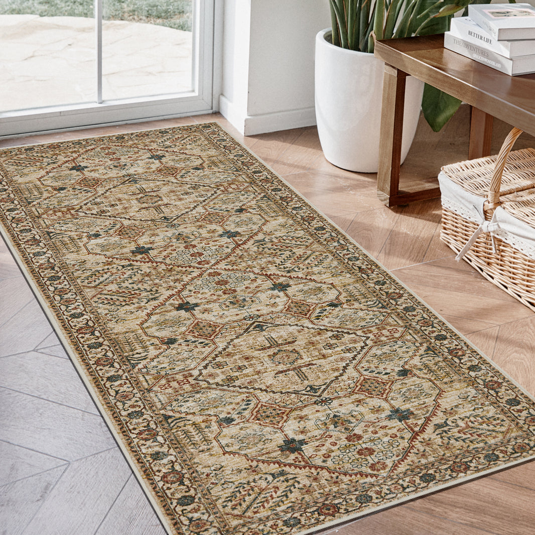 Alfombra de pasillo Joydeco antideslizante, lavable a máquina, estilo vintage, de pelo corto, ligera, con estampado de chenilla, para entrada, pasillo, dormitorio, cocina y pasillo. 