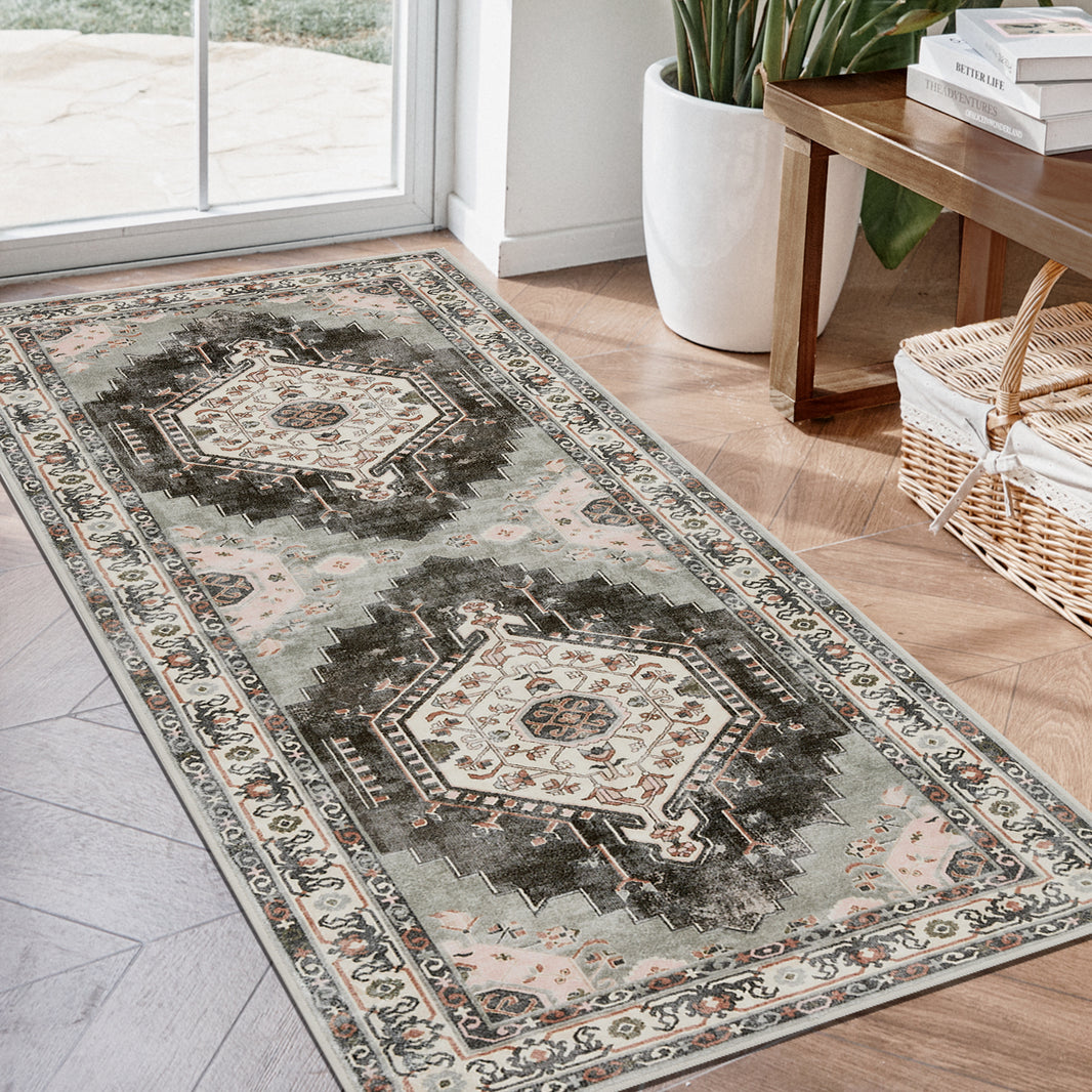 Alfombra de pasillo Joydeco antideslizante, lavable a máquina, estilo vintage, de pelo corto, ligera, con estampado de chenilla, para entrada, pasillo, dormitorio, cocina y pasillo. 