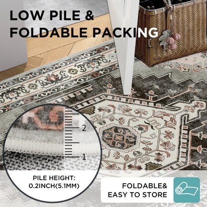 Joydeco Living Room Rug, Non Slip Machine Washable Vintage Runner Rug, Low Pile Lightweight Chenille Print Rugs for Entryway, Hallway, Bedroom, Kitchen and Corridor