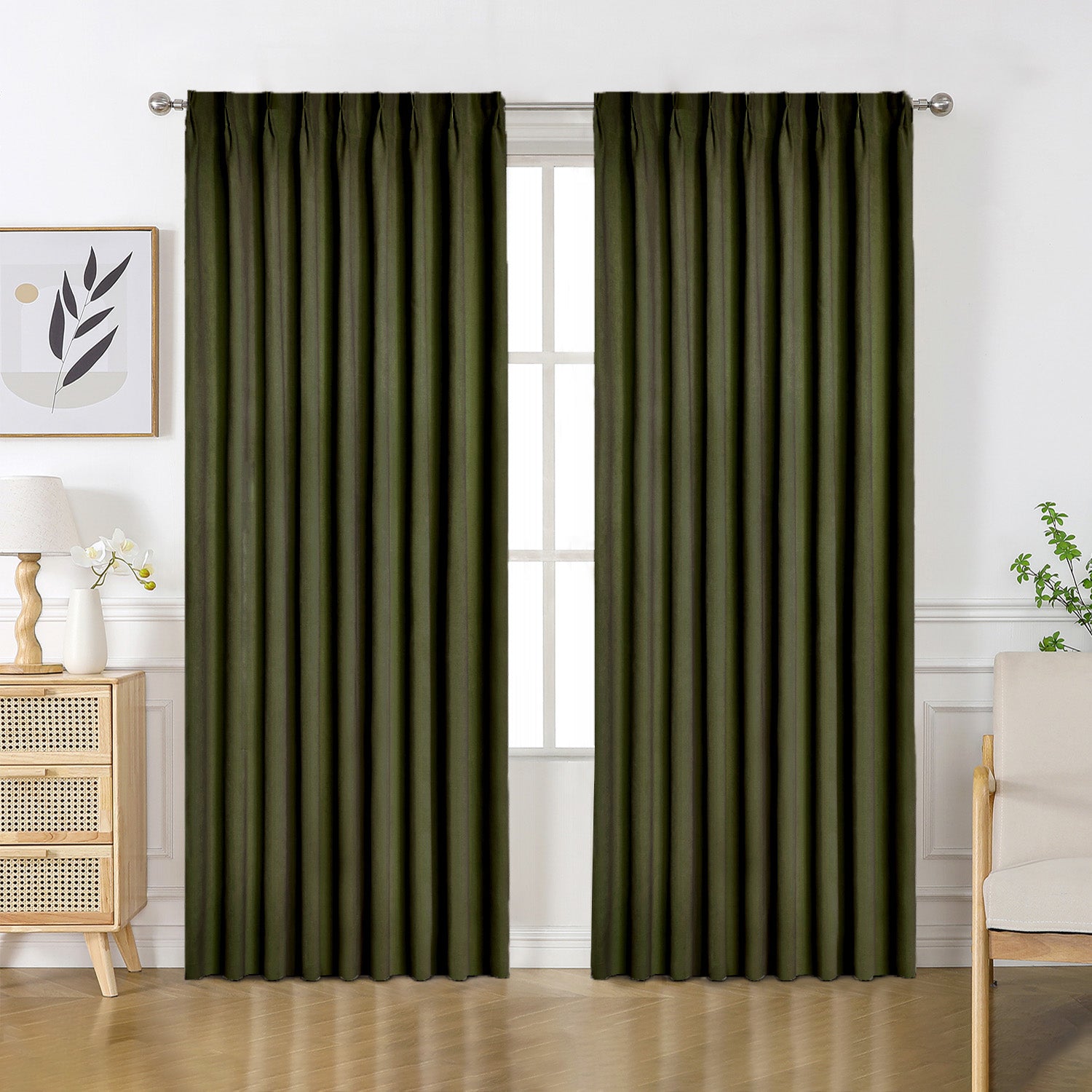 Forest green velourette chenille blackout grommet curtains, solid pattern, room setting.