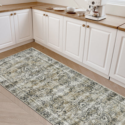 Joydeco Living Room Rug, Non Slip Machine Washable Vintage Runner Rug, Low Pile Lightweight Chenille Print Rugs for Entryway, Hallway, Bedroom, Kitchen and Corridor