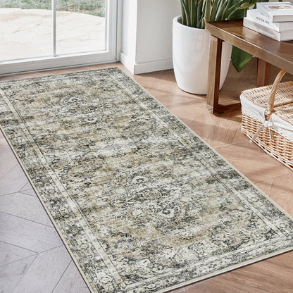 Joydeco Living Room Rug, Non Slip Machine Washable Vintage Runner Rug, Low Pile Lightweight Chenille Print Rugs for Entryway, Hallway, Bedroom, Kitchen and Corridor