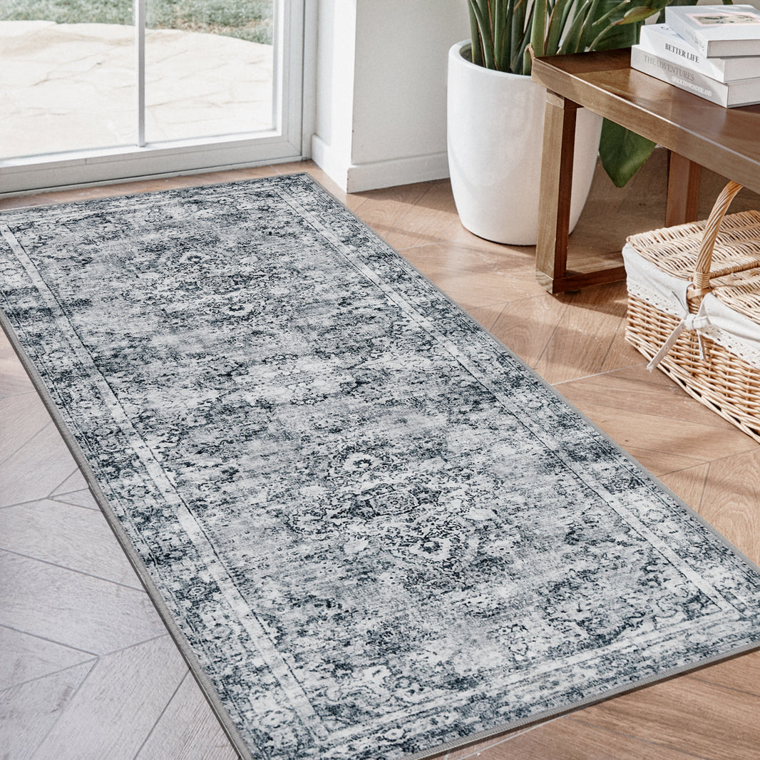 Alfombra de pasillo Joydeco antideslizante, lavable a máquina, estilo vintage, de pelo corto, ligera, con estampado de chenilla, para entrada, pasillo, dormitorio, cocina y pasillo. 