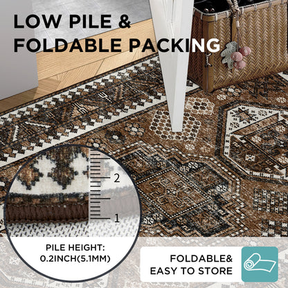 Joydeco Living Room Rug, Non Slip Machine Washable Vintage Runner Rug, Low Pile Lightweight Chenille Print Rugs for Entryway, Hallway, Bedroom, Kitchen and Corridor