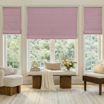 Alder Faux Linen Blackout Roman Shade in mauve, custom window treatment for light control.