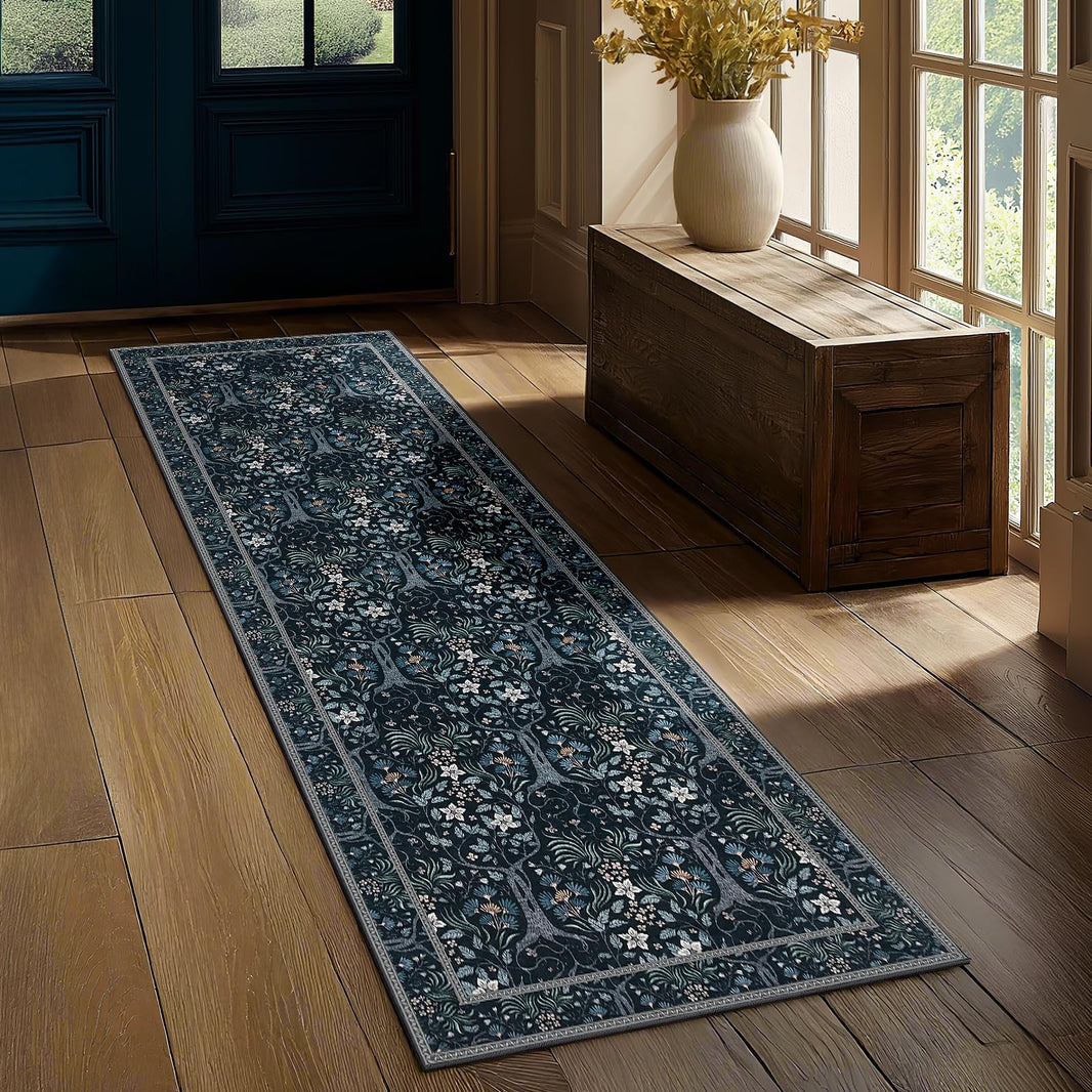 Joydeco Floral Washable Runner Rug for Kitchen, Forest Hallway Non Slip, Boho Botanical Ultra-Thin Soft Indoor Floor Throw Carpet for Bathroom Entryway Foyer