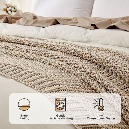 Olive green chunky cable knit cotton throw blanket with care icons on white bed.