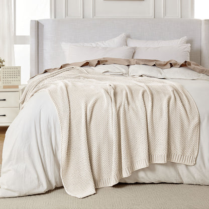 Joydeco Chunky Cable Knit Throw Blanket, Lightweight 100% Cotton Soft Cozy Throw Twin Blanket for Couch Bed and Sofa, Rustic Breathable Farmhouse Blanket Gift for Women Men