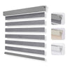 Grey cordless no-drill dual-layer zebra blinds with wood grain texture, showing mounting hardware in grey, beige, white.