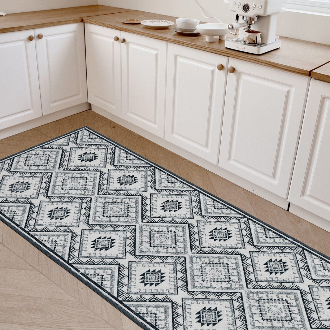 Joydeco grey and white vintage geometric runner rug in kitchen.