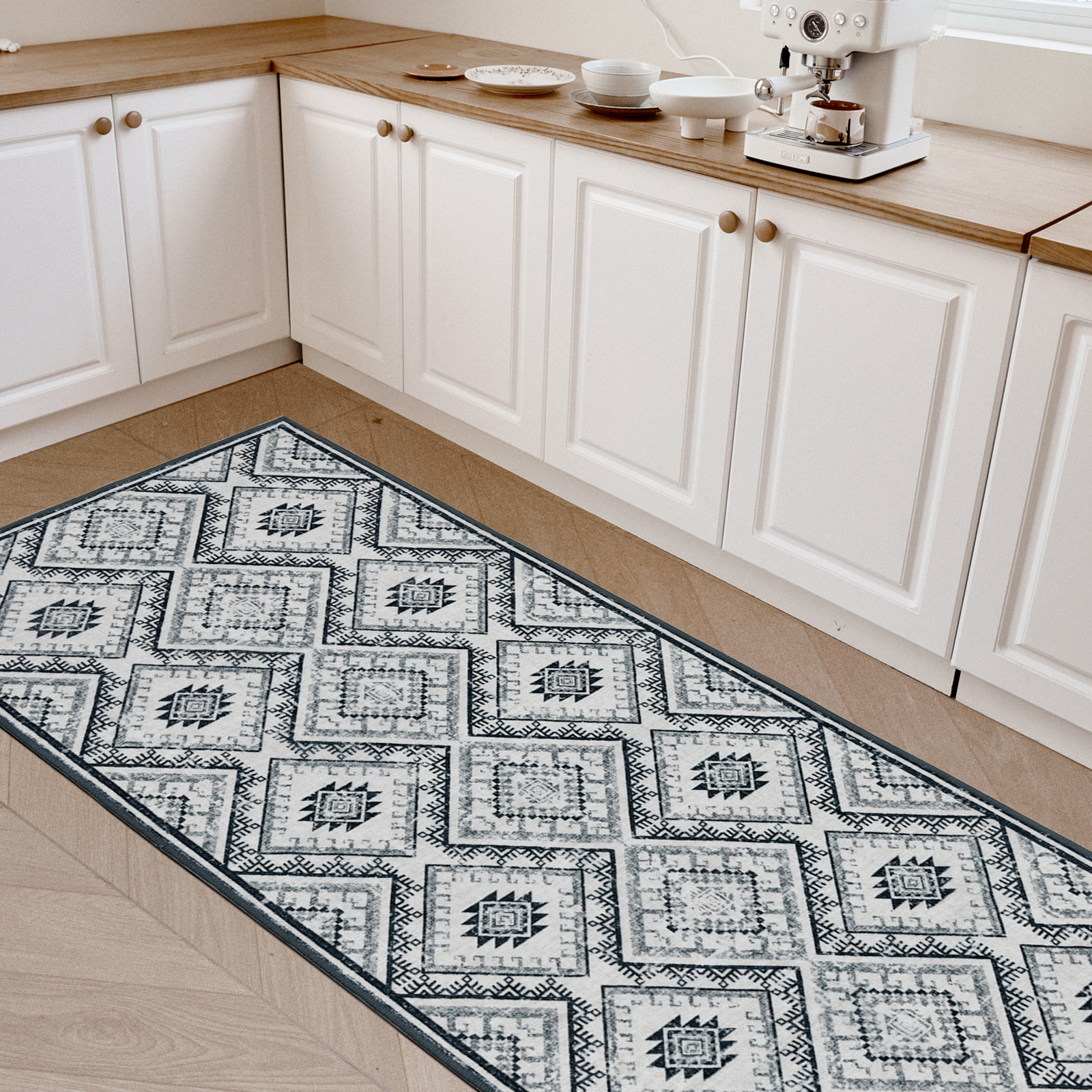 Joydeco grey and white vintage geometric runner rug in kitchen.
