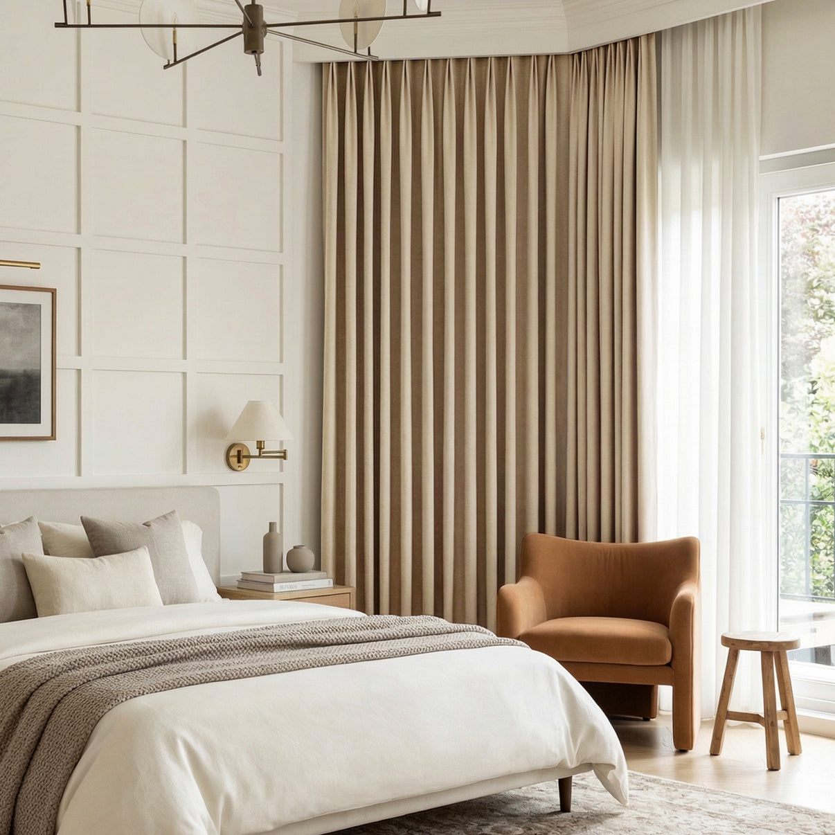 Bennett Chenille Blackout Curtain in taupe, custom pleated for a modern bedroom.