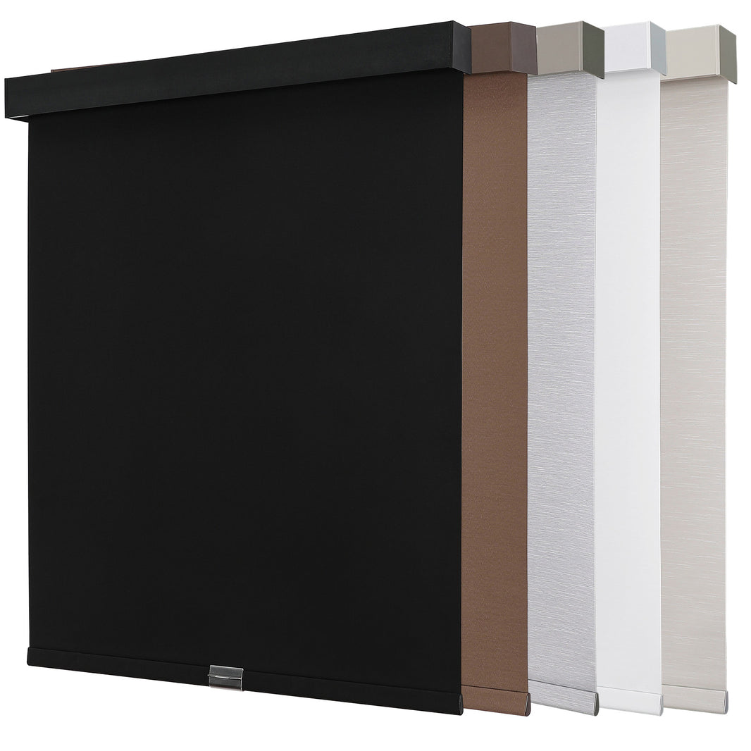 Joydeco cordless blackout roller shades in black, brown, textured gray, white, beige with aluminum valance. Available colors.