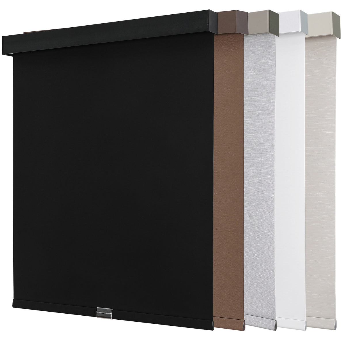 Joydeco cordless blackout roller shades in black, brown, textured gray, white, beige with aluminum valance. Available colors.