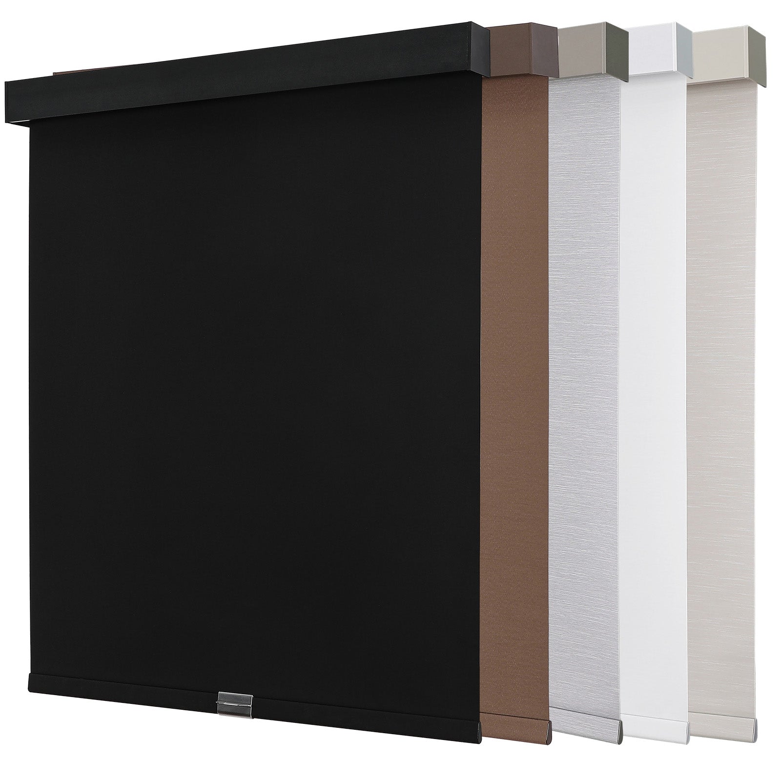 Joydeco cordless blackout roller shades in black, brown, textured gray, white, beige with aluminum valance. Available colors.