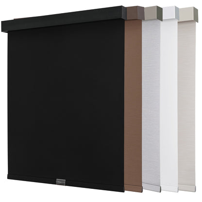Joydeco cordless blackout roller shades in black, brown, textured gray, white, beige with aluminum valance. Available colors.