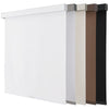 Joydeco cordless blackout roller shades in white, grey, cream, brown, and black, showcasing color options and woven textures.