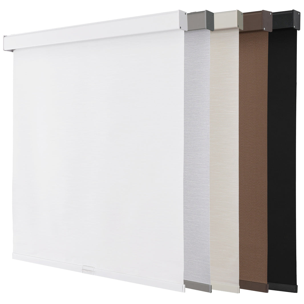 Joydeco cordless blackout roller shades in white, grey, cream, brown, and black, showcasing color options and woven textures.