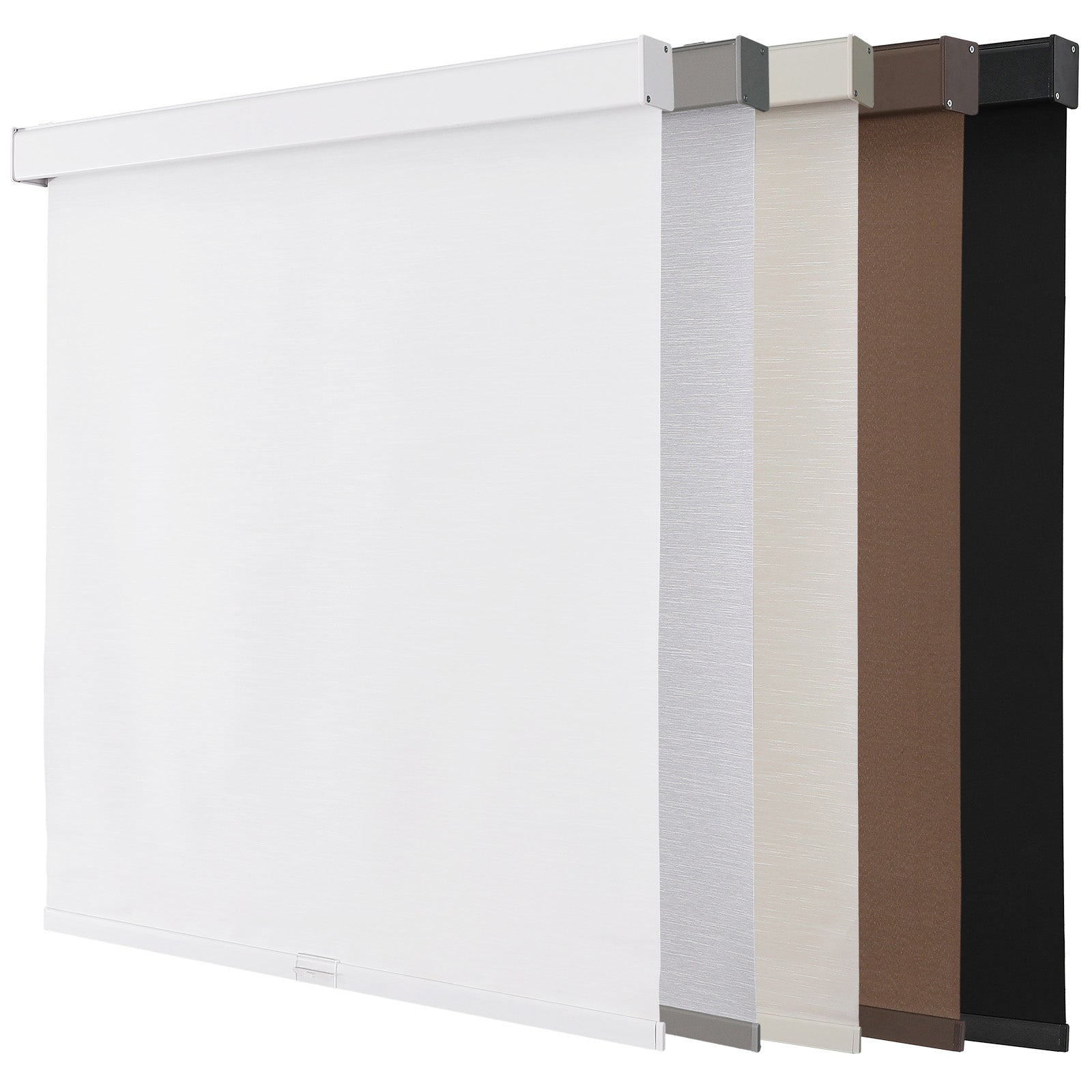 Joydeco cordless blackout roller shades in white, grey, cream, brown, and black, showcasing color options and woven textures.