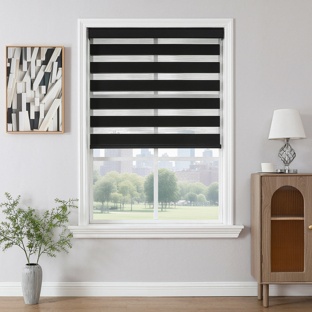 Joydeco Cordless Zebra Blinds for Windows, Dual Layer Light Control Window Blinds with Light-Proof Aluminum Cover, Free-Stop Roller Shades for Home & Office