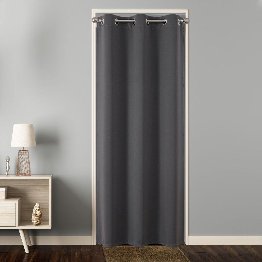 Dark gray polyester door curtain with silver grommets, used as a closet door or privacy screen for bedrooms. (40x78 inches).
