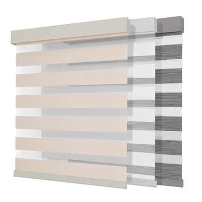 Joydeco dual-layer cordless zebra roller shades: beige, white, and gray, alternating sheer/opaque bands, aluminum headrail.
