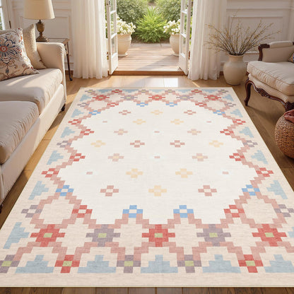 Joydeco Checkered Pink Kitchen Runner Rug Non Slip, Washable Bathroom, Modern Soft Low-Pile Ultra Thin Indoor Floor Throw Carpet for Bedroom Laundry Room Entrance Entryway